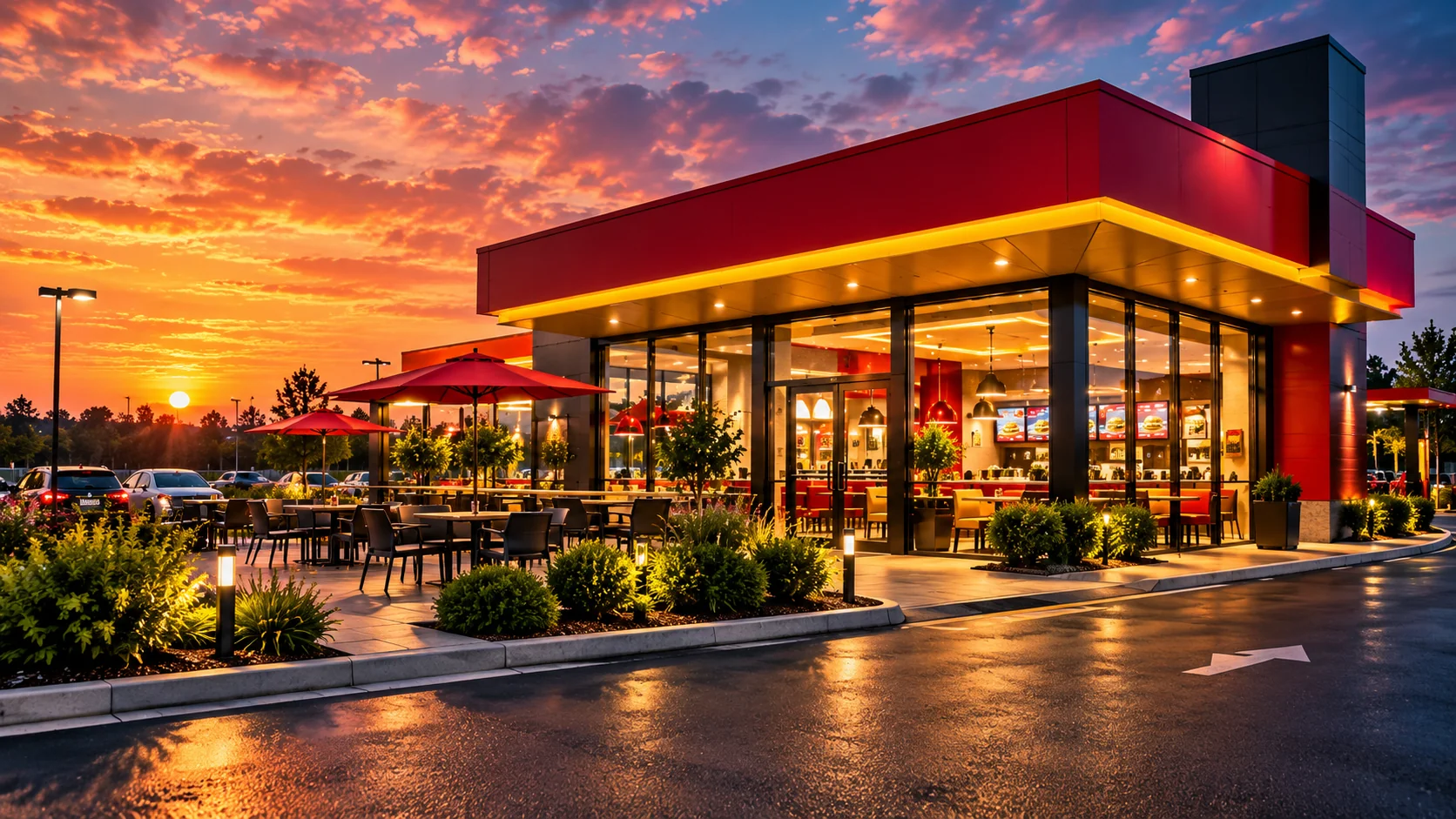 Original AI-generated illustration of a red-and-gold contemporary fast-food restaurant exterior at sunset, with large glass windows and outdoor seating